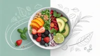 건강한 샐러드와 'go on a diet', 'get in shape' 등 다이어트 관련 영어 표현이 적힌 노트를 보여주는 썸네일 이미지.