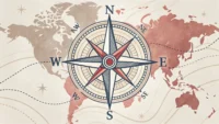 영어로 길을 묻고 답하는 표현을 상징하는 나침반과 화살표, 지도 아이콘 이미지