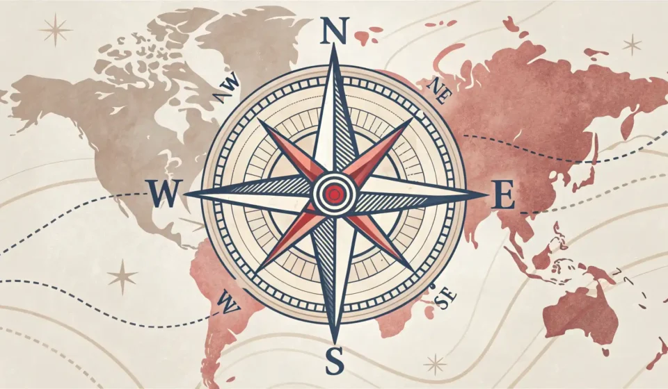 영어로 길을 묻고 답하는 표현을 상징하는 나침반과 화살표, 지도 아이콘 이미지