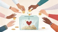따뜻한 배경 속 하트 표시 기부함에 동전을 넣는 여러 손들과 영어 학습을 상징하는 아이콘 일러스트