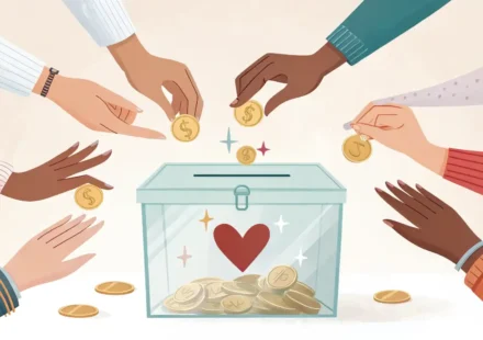 따뜻한 배경 속 하트 표시 기부함에 동전을 넣는 여러 손들과 영어 학습을 상징하는 아이콘 일러스트