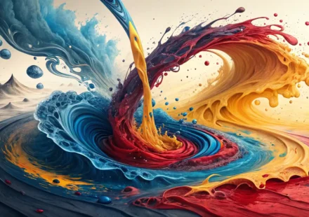 다채로운 염료 색상과 영어 학습을 상징하는 아이콘이 어우러진 이미지