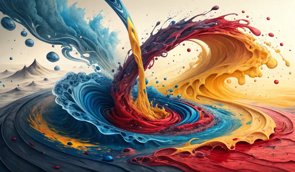 다채로운 염료 색상과 영어 학습을 상징하는 아이콘이 어우러진 이미지