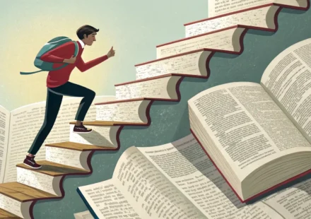 영어 사전 페이지로 만들어진 계단을 올라가는 사람과 정상에서 빛나는 전구를 통해 영어 학습 노력을 시각적으로 표현한 일러스트