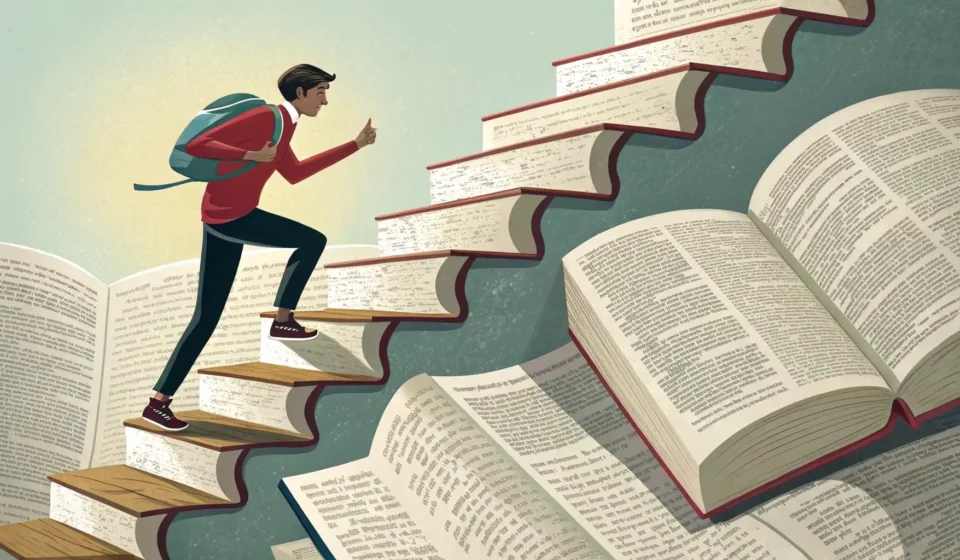 영어 사전 페이지로 만들어진 계단을 올라가는 사람과 정상에서 빛나는 전구를 통해 영어 학습 노력을 시각적으로 표현한 일러스트