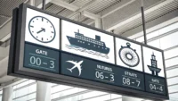 여객선 터미널 출항 정보 안내판과 영어 학습을 나타내는 말풍선 아이콘.