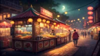 야시장 길거리 음식 시식을 요청하는 영어 표현 "Can I try a sample?" 문구가 강조된 이미지