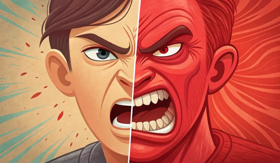 분노 감정을 나타내는 다양한 영어 표현 학습 관련 이미지: 짜증부터 격분까지 표현하는 얼굴과 영어 학습 아이콘.