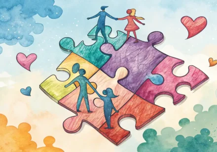 영어로 '조립'을 표현하는 방법을 배우는 것을 상징하는, 서로 맞춰지는 퍼즐 조각 이미지.