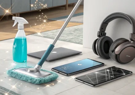 청소 도구와 영어 학습을 상징하는 아이콘이 나란히 있는 이미지