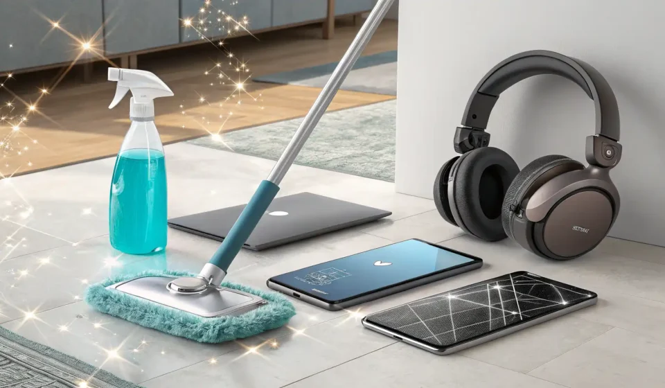 청소 도구와 영어 학습을 상징하는 아이콘이 나란히 있는 이미지