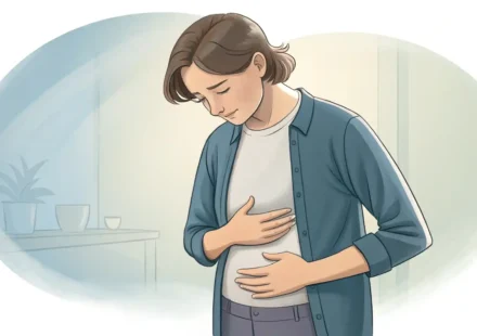 배가 불편할 때 영어로 소통하는 방법을 배우는 것을 상징하는 이미지, 영어 학습 아이콘 포함.