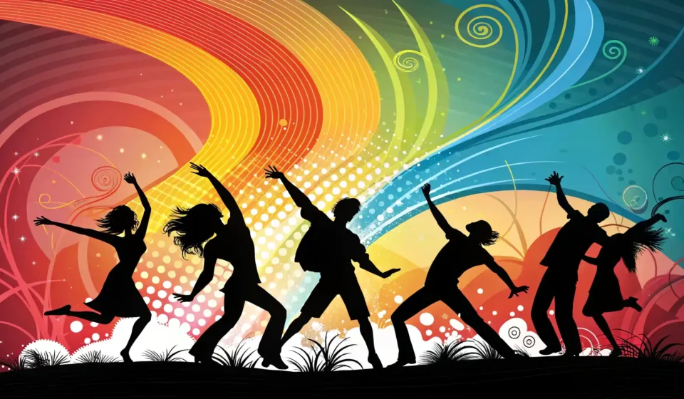 활기차게 춤추는 사람들의 실루엣과 주변에 떠다니는 추상적인 영어 알파벳 문자들.