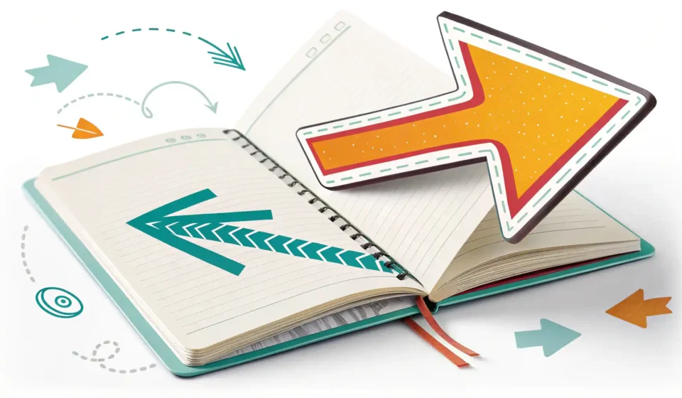 '앞'을 나타내는 다양한 영어 표현 학습을 상징하는 화살표와 노트 이미지