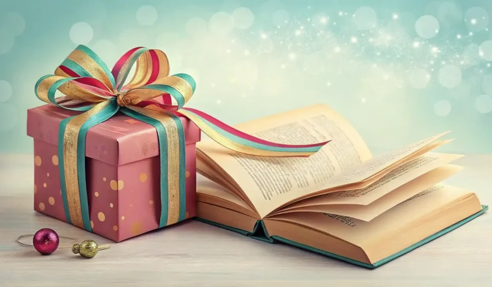선물 상자와 영어 학습을 상징하는 책이 나란히 놓여 있는 일러스트 이미지