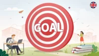 빨간색 과녁 중앙에 'GOAL' 글자가 있고 화살이 꽂혀 있으며, 주변에 'My goal is...' 같은 영어 목표 표현이 적힌 말풍선이 떠 있는 이미지.