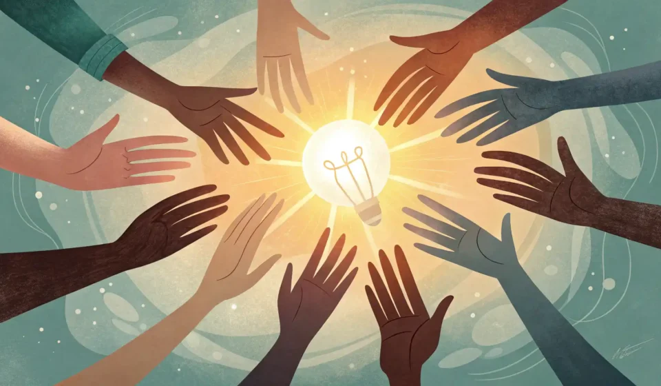 다양한 손들이 영어 표현 학습 아이디어를 상징하는 밝은 전구를 향해 뻗어 있는 일러스트레이션.