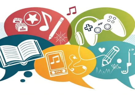 다양한 취미(책, 카메라, 기타, 등산화) 아이콘이 담긴 말풍선들이 영어 학습을 상징하는 빛나는 전구 아이콘으로 모이는 그림.