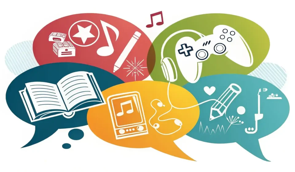 다양한 취미(책, 카메라, 기타, 등산화) 아이콘이 담긴 말풍선들이 영어 학습을 상징하는 빛나는 전구 아이콘으로 모이는 그림.