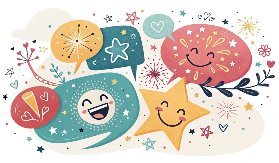 기쁨 관련 영어 표현 배우기: 행복한 아이콘이 담긴 말풍선과 영어 사전 일러스트