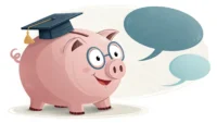 대출 관련 영어 단어 'Loan'과 'Mortgage'를 배우는 것을 상징하는 돼지 저금통과 말풍선 그림.
