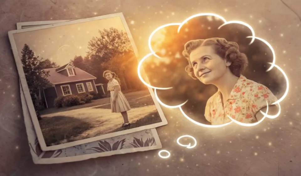 영어로 추억을 표현하는 방법을 배우는 것을 상징하는 이미지: 빛바랜 사진과 영어 단어 카드.