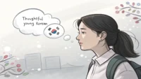 오빠를 영어로 표현하는 다양한 상황(가족, 친구, 연인)을 나타내는 아이콘이 담긴 말풍선을 보며 생각하는 여성 이미지 - 영어 표현 학습 가이드.