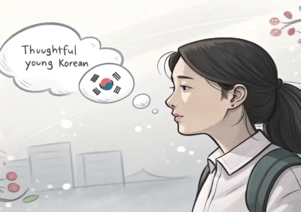 오빠를 영어로 표현하는 다양한 상황(가족, 친구, 연인)을 나타내는 아이콘이 담긴 말풍선을 보며 생각하는 여성 이미지 - 영어 표현 학습 가이드.
