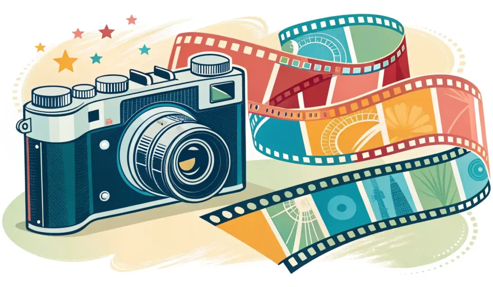 사진 촬영 시 사용하는 영어 표현 학습을 상징하는 카메라와 영국 국기 말풍선 아이콘.