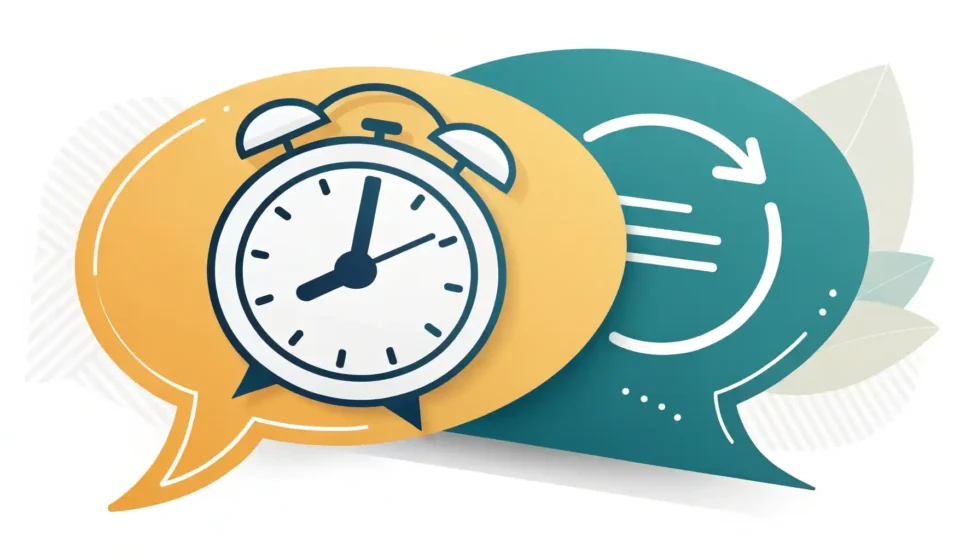 현재를 영어로 표현하는 방법을 알려주는 글 썸네일: 시계와 영어 말풍선 아이콘