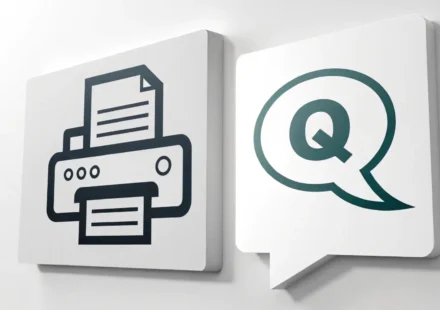 프린터 아이콘과 영어 질문을 상징하는 말풍선 아이콘 이미지