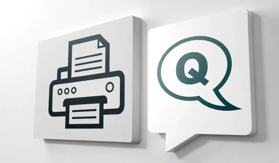 프린터 아이콘과 영어 질문을 상징하는 말풍선 아이콘 이미지