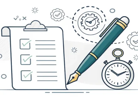 '기록' 관련 다양한 영어 표현 학습을 나타내는 펜, 문서, 그래프, 말풍선 아이콘.