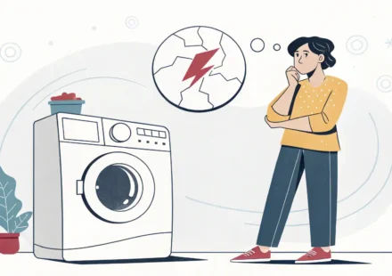 고장난 가전제품 앞에서 수리 관련 영어 표현을 생각하는 사람 일러스트