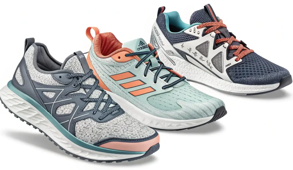 캐주얼 스니커즈, 러닝화, 농구화 등 다양한 운동화 이미지와 영어 표현 학습을 나타내는 물음표, 전구 아이콘.