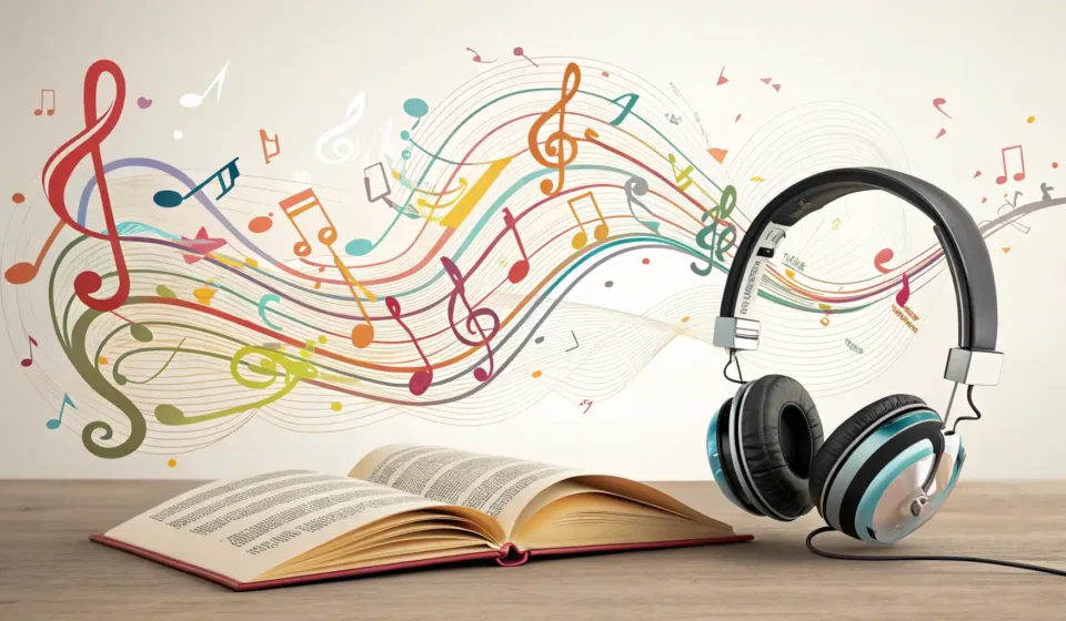 헤드폰에서 나온 음표가 영어 공부 책으로 향하는 모습, 노래 관련 영어 표현 학습을 상징하는 이미지