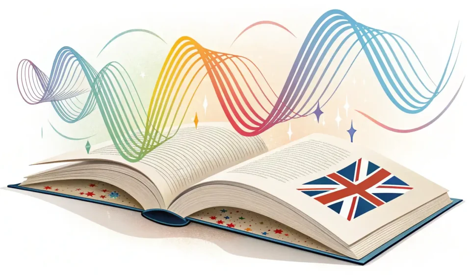 다양한 소리를 나타내는 영어 표현 학습을 상징하는 다채로운 음파와 영어 책 그림