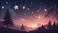 밤하늘의 빛나는 별들과 함께 "Wow!", "Shining Brightly" 같은 영어 표현이 떠 있는 이미지, 별을 칭찬하는 영어 문장 학습 컨셉.
