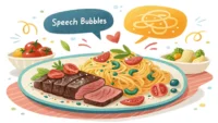 맛있는 음식 그림 위로 "Delicious", "Yummy" 같은 영어 맛 표현 단어가 적힌 말풍선이 떠 있는, 영어 맛 표현 배우기 관련 이미지
