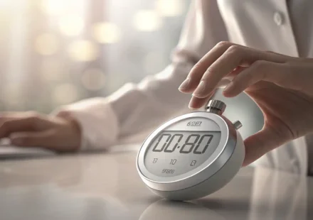 디지털 타이머를 설정하는 손과 영어 학습을 나타내는 배경 이미지