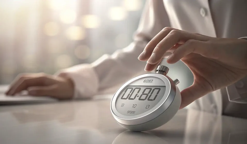 디지털 타이머를 설정하는 손과 영어 학습을 나타내는 배경 이미지