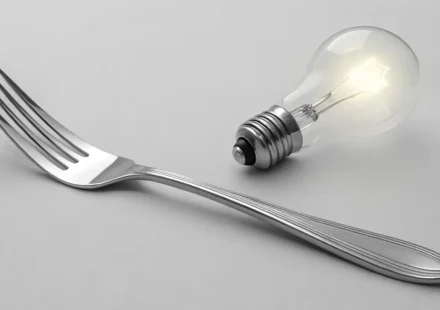 식탁용 포크 옆에 학습을 상징하는 전구 아이콘이 놓여 있는 이미지, 포크 관련 영어 표현 배우기