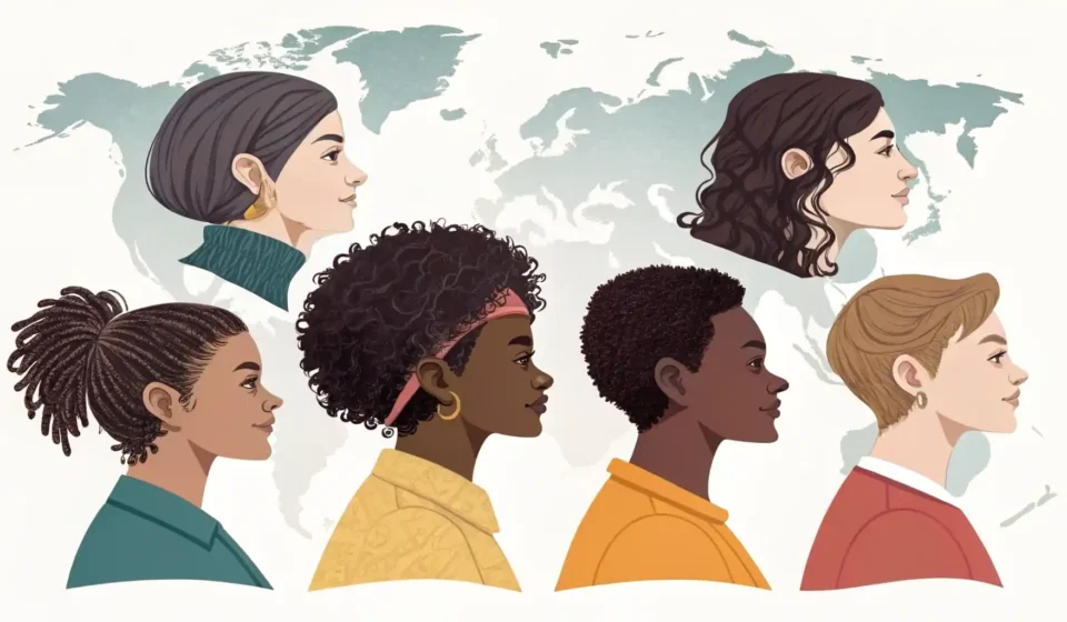 머리 관련 영어 표현 배우기: 다양한 헤어스타일 실루엣과 영어 학습 아이콘 일러스트