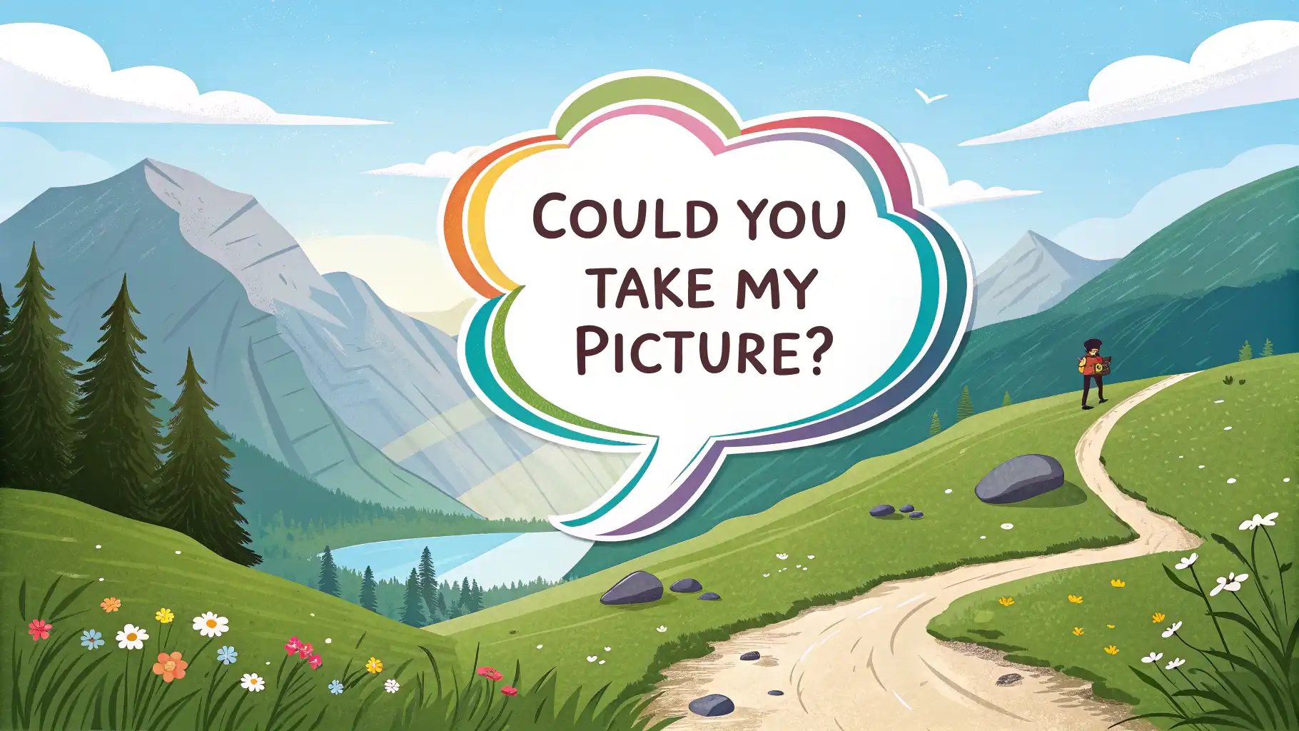 등산 중 사진 찍어달라고 부탁하는 영어 표현 배우기 썸네일 이미지. "Could you take my picture?" 말풍선과 아름다운 산 배경.