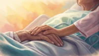 병원에서 환자 돌봄과 관련된 영어 표현 학습을 나타내는 따뜻한 이미지