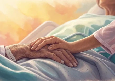병원에서 환자 돌봄과 관련된 영어 표현 학습을 나타내는 따뜻한 이미지
