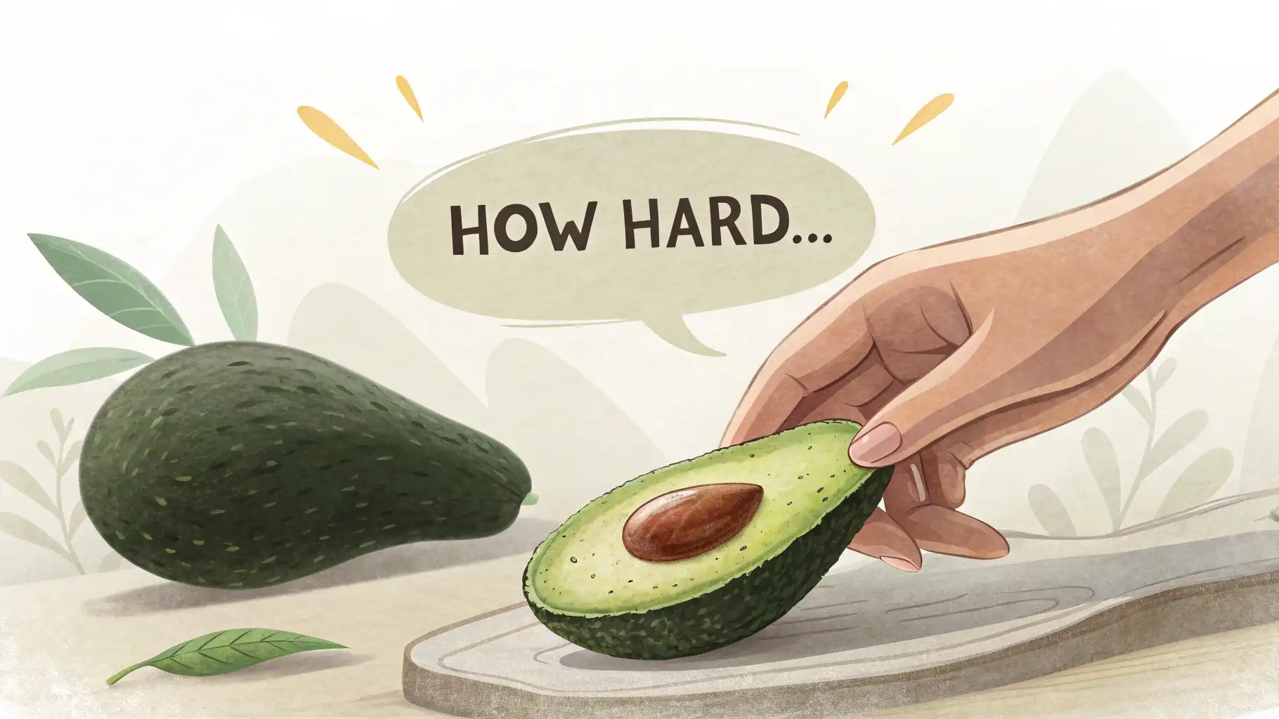손으로 아보카도를 누르며 단단함을 확인하는 그림과 'How hard is it?' 영어 질문 말풍선, 영어로 딱딱함 묻는 표현 배우기.