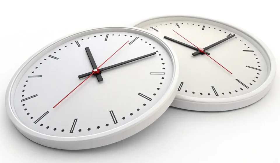 두 개의 시계가 거의 같은 시간을 가리키며 'Just before'와 'Right before'의 미묘한 시간 차이를 시각적으로 표현하는 이미지