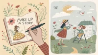 복고풍 스타일로 'make up' 영어 표현의 창작과 화해 의미를 시각적으로 보여주는 이미지.