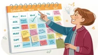 계획을 세우고 설명하는 데 유용한 영어 표현 배우기: 달력과 'Plan', 'Goal' 같은 영어 단어가 보이는 이미지.